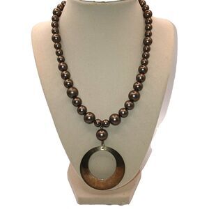 Emily Ray Bronze Tone Beaded Pendant Necklace Antique Gold Tone Signed 17 inches